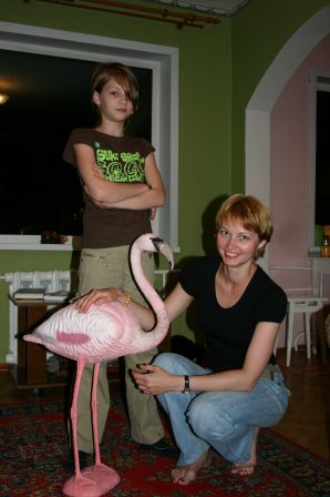 Elena and Katya, our hosts in Irkutsk, with flamingo :)